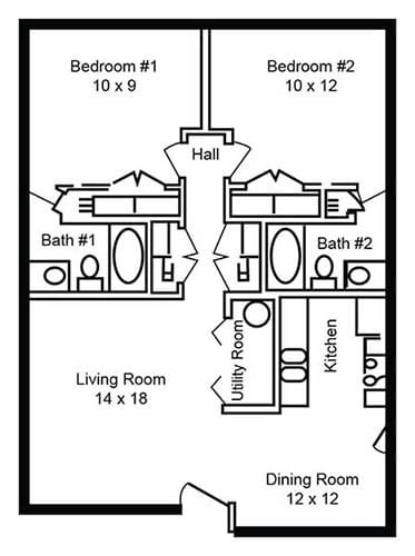 Floor plan for 2 beds, 2 baths, 1200 sqft